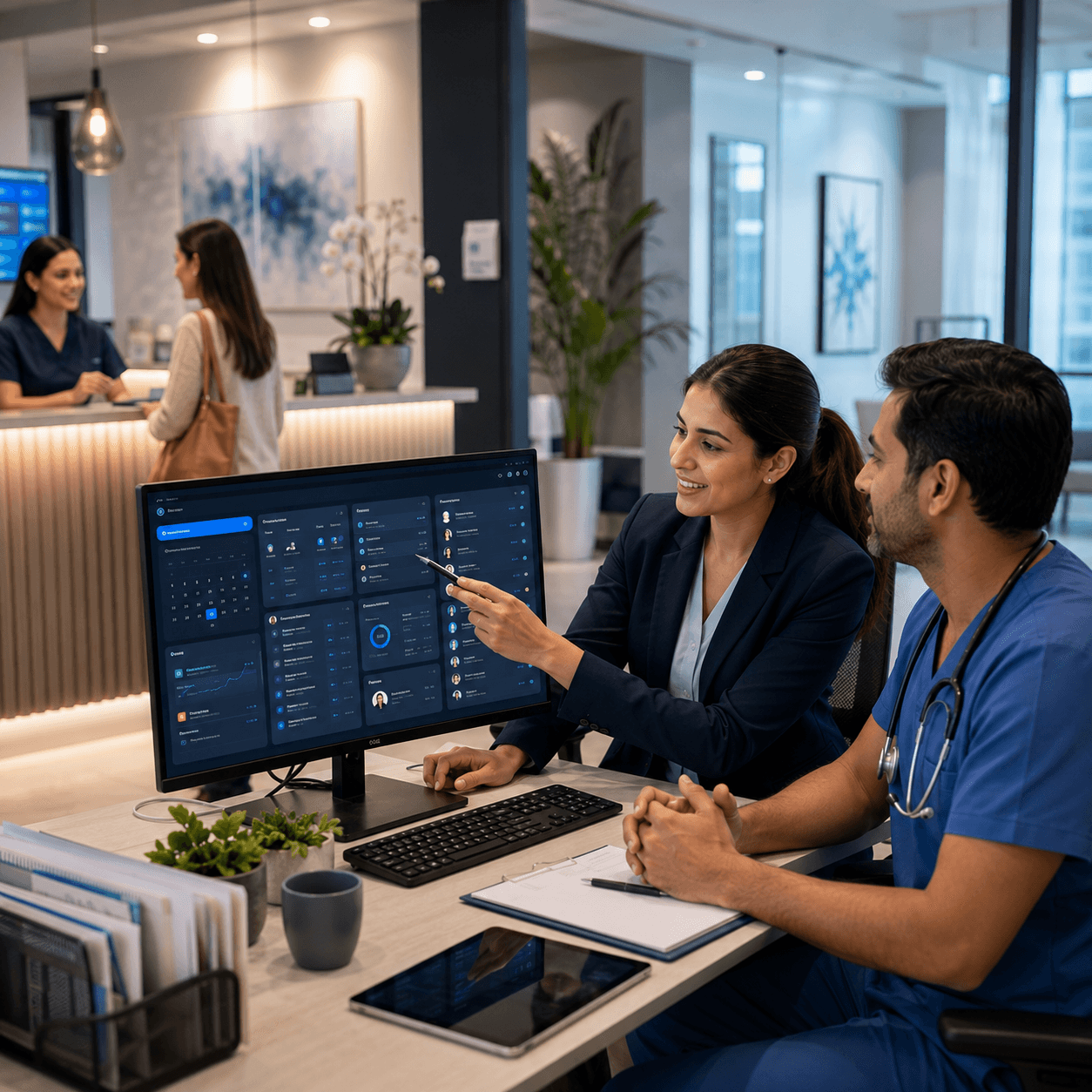 Healthcare professionals using a connected business system