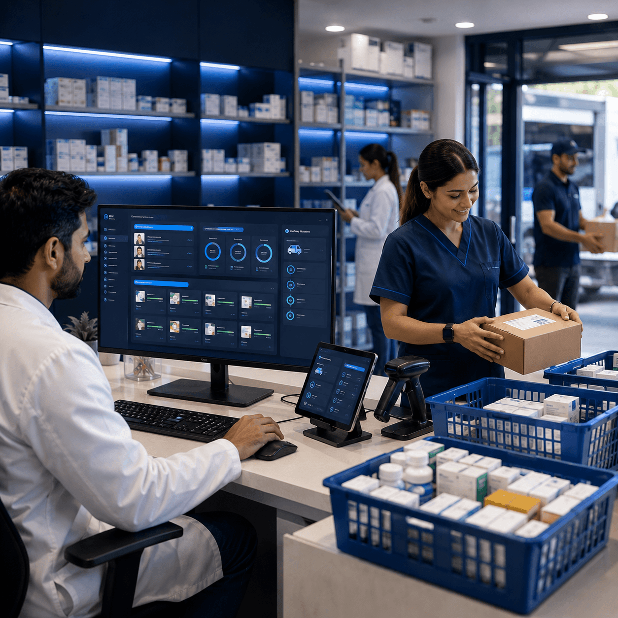 Online Pharmacy professionals using a connected business system